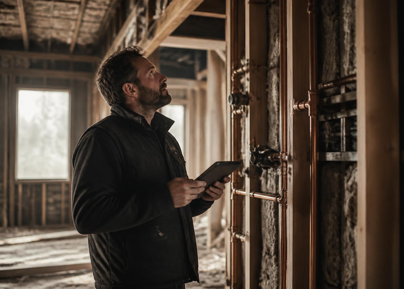 Trade contractor reviewing mechanical rough-in on a high-end residential construction site