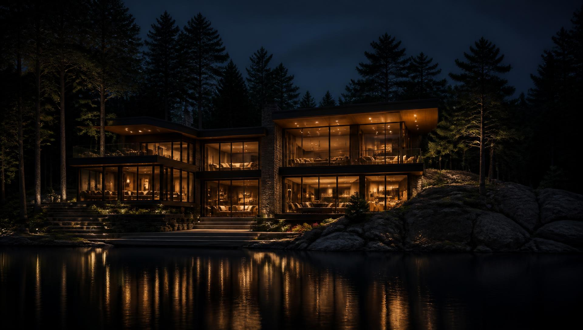 Completed lakeside residence illuminated at night