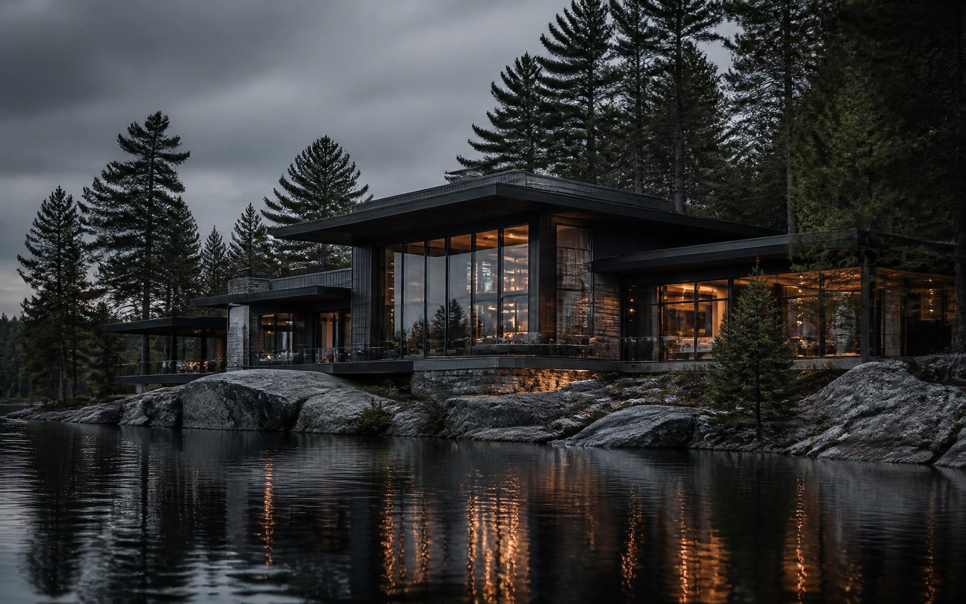 Contemporary lakeside residence at dusk in Muskoka, Ontario