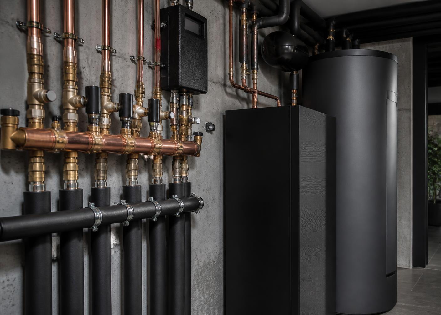 Mechanical room with copper manifolds and heat pump in a luxury home